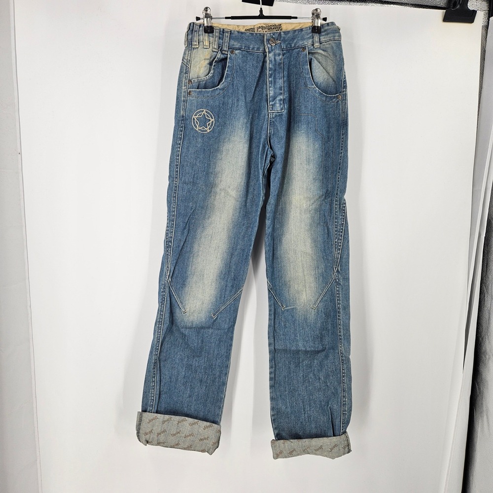Vintage Jeep Spirit Jeans Blue Straight Embroidered Cuffed Distressed Mens 26